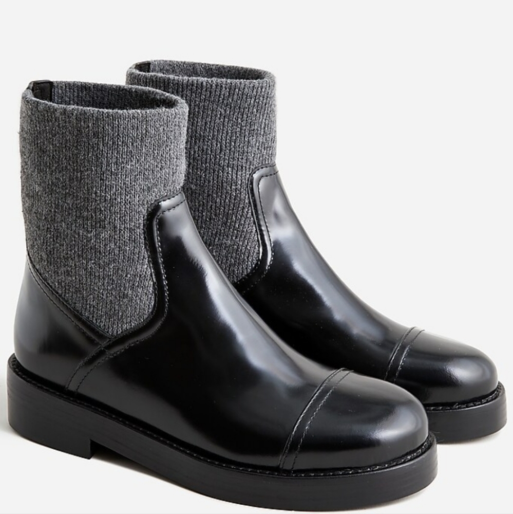 J. Crew Black Leather Ankle Boots with Gray Knit Cuff